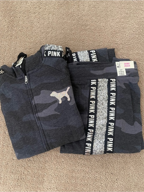 PINK Victoria's Secret Pants - PINK Victoria's Secret Charcoal Camo Skinny Jogs Set with Logo Tape